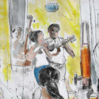 etching of cuban musicians