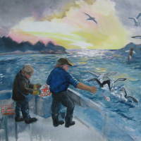 acrylic painting of fishermen on trawler
