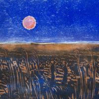 woodcut print of full moon rising