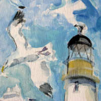 painting of birds and lighthouse